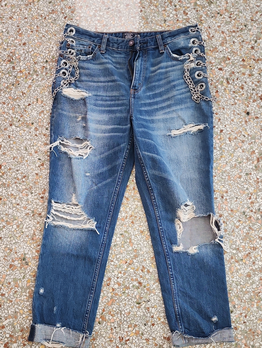 Abercrombie & Fitch Medium Blue Distressed Jeans with Silver Grommets And Chains